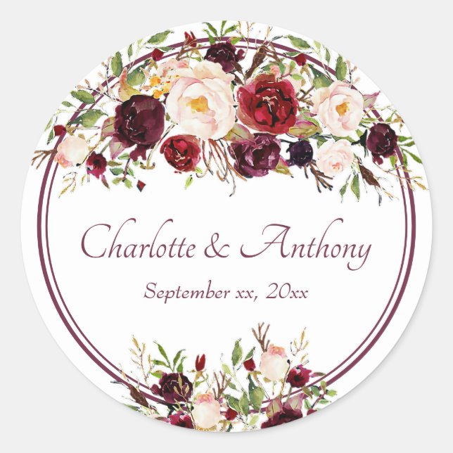 Sticker Rond Mariage floral de Bourgogne profonde (Devant)