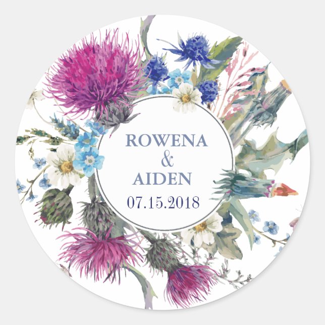 Sticker Rond Mariage floral de chardon écossais (Devant)