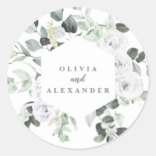 Sticker Rond Mariage floral de roses blanches et de verdure