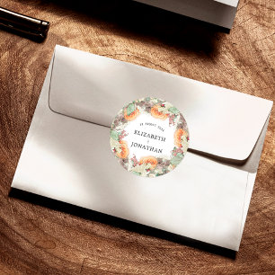 Sticker Rond Mariage floral eucalyptus orange roses botanique