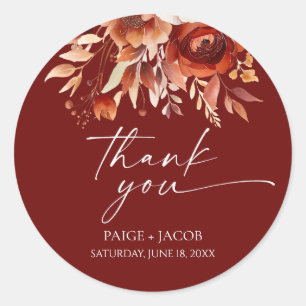 Sticker Rond Mariage Floral Fleur Brun Bordeaux Rouillé
