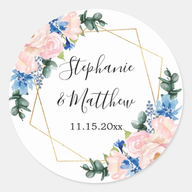 Sticker Rond Mariage floral géométrique bleu foncé rose (Devant)
