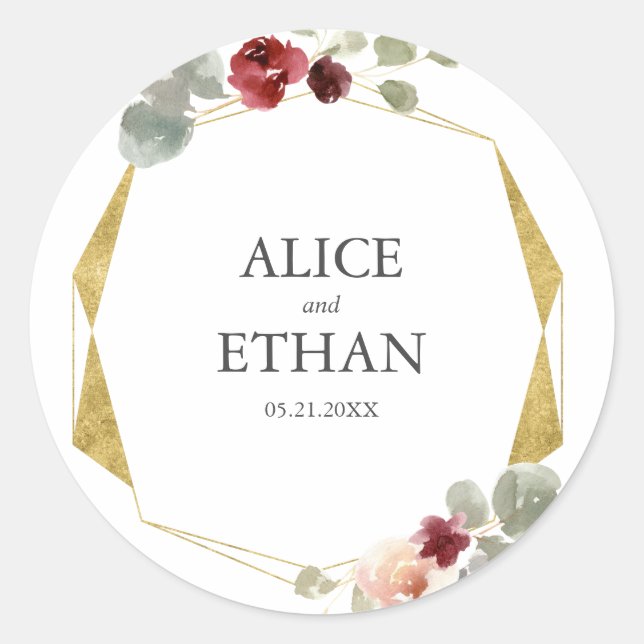 Sticker Rond Mariage Floral Géométrique Bourgogne Et Verdure (Devant)
