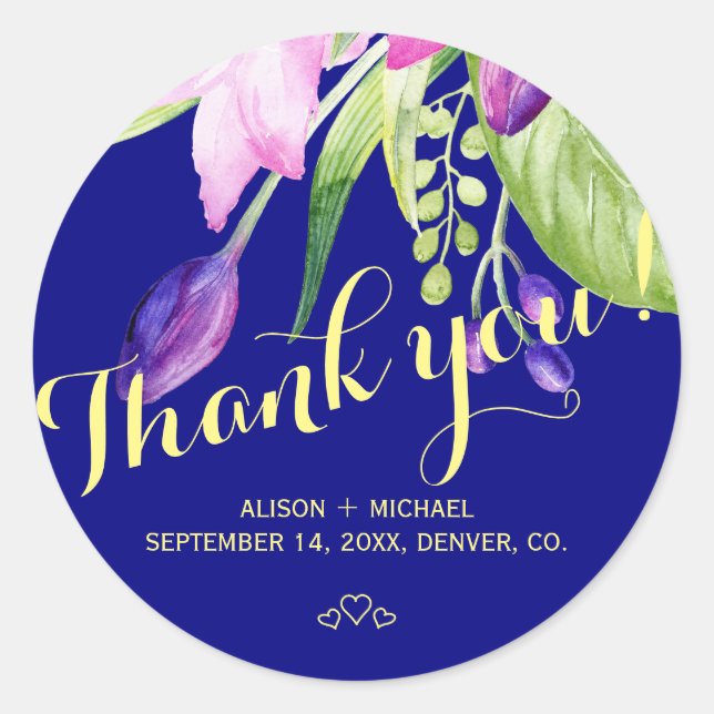 Sticker Rond Mariage floral marine violet d'été merci (Devant)