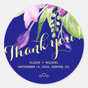 Sticker Rond Mariage floral marine violet d'été merci