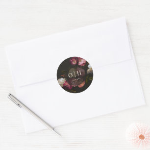 Sticker Rond Mariage Floral Maussade Noir Burgundy Romantique