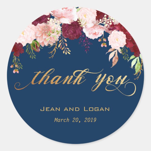 Sticker Rond Mariage Floral Merci Gold Navy Bourgogne (Devant)
