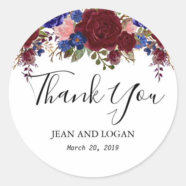 Sticker Rond Mariage Floral Merci Marine Bourgogne (Devant)
