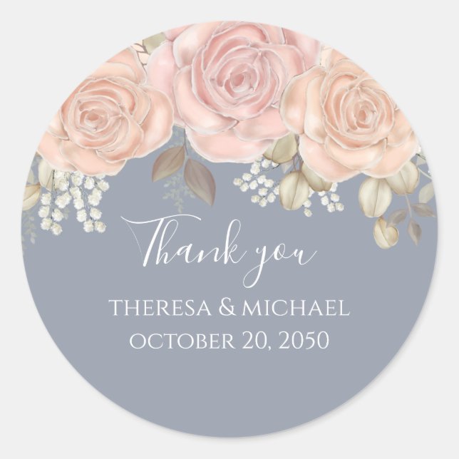 Sticker Rond Mariage Floral Merci Rose Or Dusty Bleu (Devant)