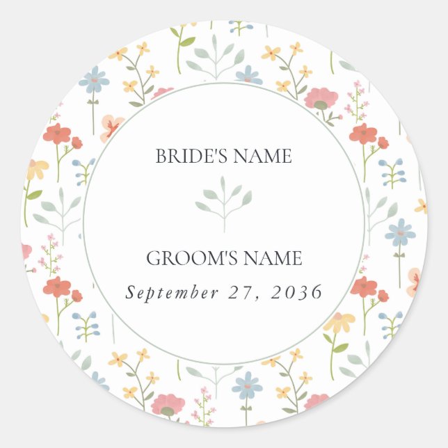 Sticker Rond Mariage Floral Moderne Fleurs Sauvages Bohème Chic (Devant)
