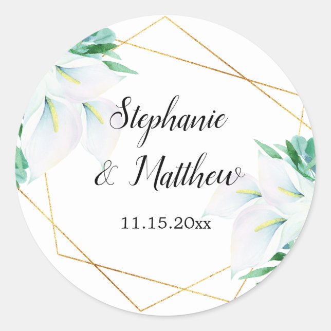Sticker Rond Mariage floral moderne géométrique blanc Calla Lil (Devant)