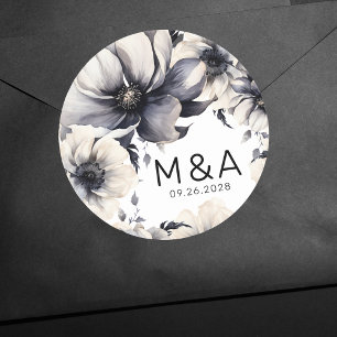 Sticker Rond Mariage floral noir blanc noir