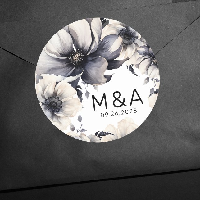 Sticker Rond Mariage floral noir blanc noir (Modern Elegant Boho Floral Black White Wedding Classic Round Sticker)