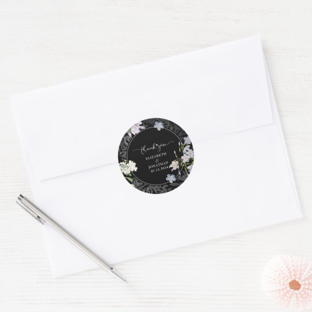 Sticker Rond Mariage floral noir et blanc (Enveloppe)