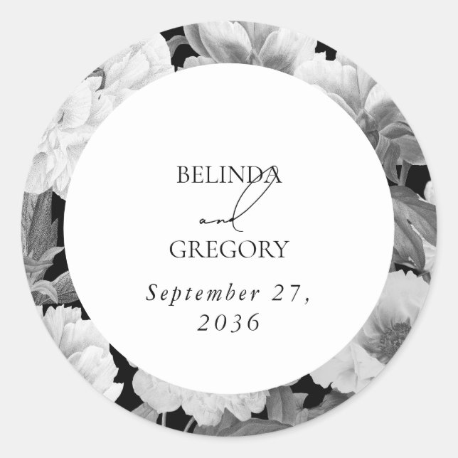 Sticker Rond Mariage floral noir et blanc Peonies d'aquarelle (Devant)