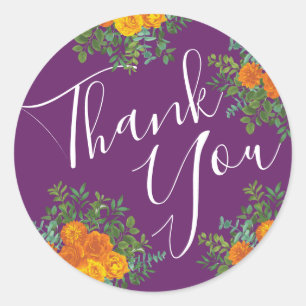 Sticker Rond Mariage Floral Orange & Plum Violet Peony & Rose