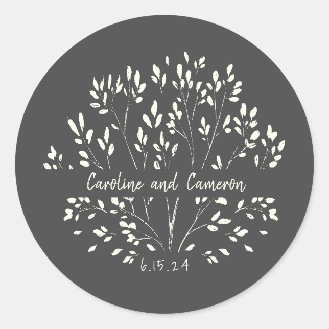 Sticker Rond Mariage floral peint à la main noire (Devant)
