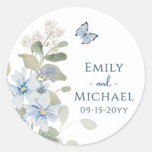 Sticker Rond Mariage floral romantique bleu Dusty