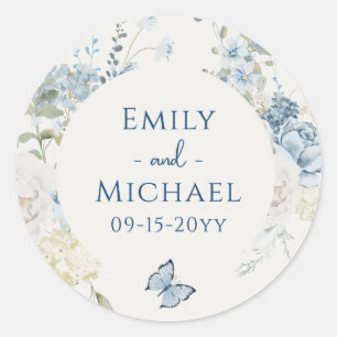 Sticker Rond Mariage floral romantique bleu Dusty