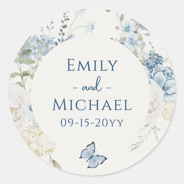 Sticker Rond Mariage floral romantique bleu Dusty (Devant)