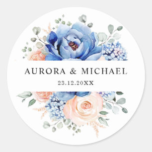 Sticker Rond Mariage floral rose bleu marine