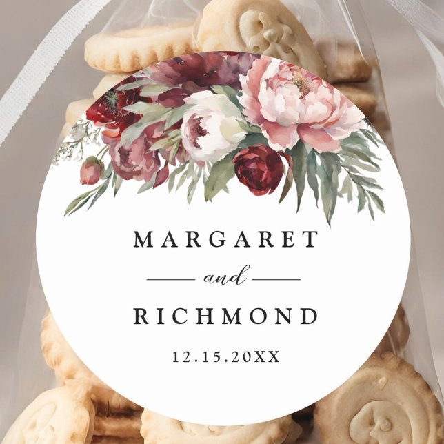 Sticker Rond Mariage floral rose de Bourgogne (Créateur téléchargé)