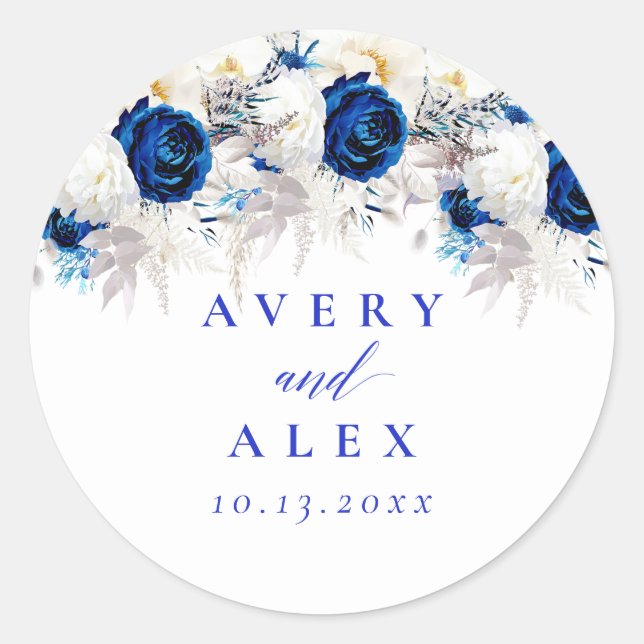 Sticker Rond Mariage Floral Royal bleu et blanc moderne (Devant)