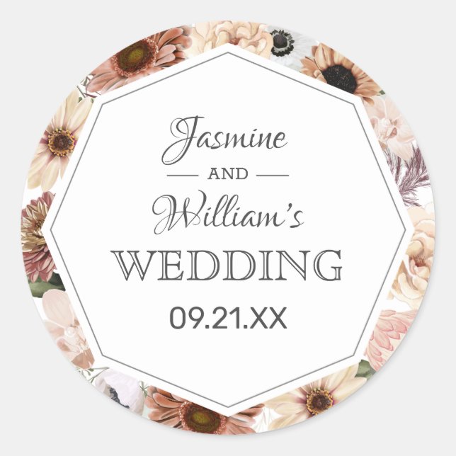 Sticker Rond Mariage floral rustique Boho neutre (Devant)