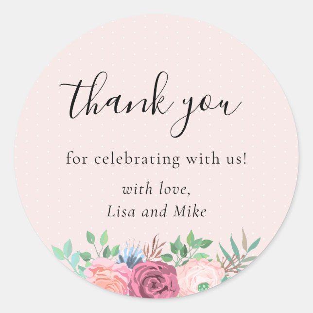 Sticker Rond Mariage Floral Rustique Favoriser Merci Rose (Devant)