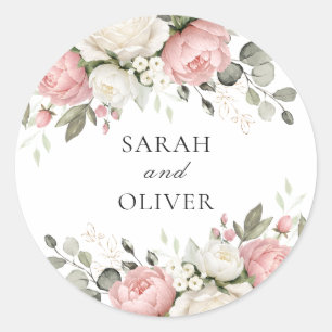 Sticker Rond Mariage Floral Teinté de Rose et Verdure