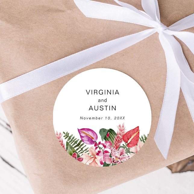 Sticker Rond Mariage floral tropical (Tropical Floral Wedding Classic Round Sticker by Painted Paperie
)