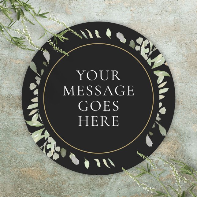 Sticker Rond Mariage Floral Vert Foncé Aquarelle Or Noir (Watercolor Greenery Floral Gold Black Wedding Classic Round Sticker)