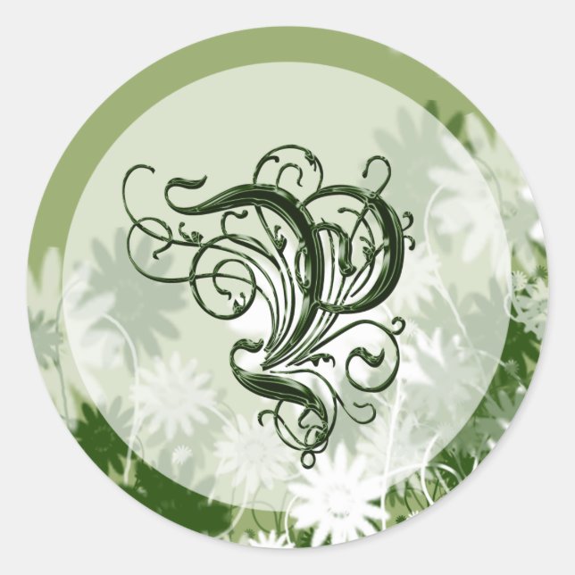 Sticker Rond Mariage floral vert Monogramme P Sceau (Devant)