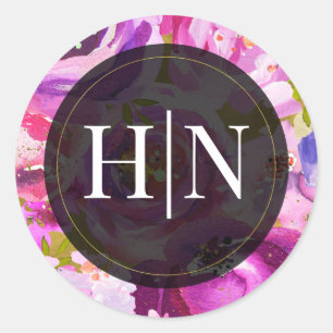 Sticker Rond Mariage floral vibrant rose et violet