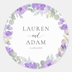 Sticker Rond Mariage Floral Violet Aquarelle