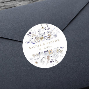 Sticker Rond Mariage Floral Violet Blanc Or Romantique  