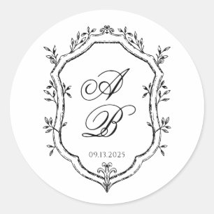 Sticker Rond Mariage Formel noir & blanc Floral Monogram Crest