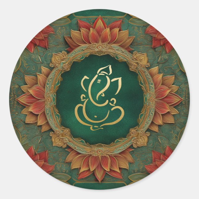 Sticker Rond Mariage Ganesh | Mariage indien Lotus Green (Devant)