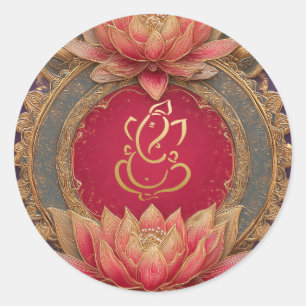 Sticker Rond Mariage Ganesh   Mariage Indien Lotus Rouge Or