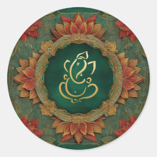 Sticker Rond Mariage Ganesh | Mariage Indien Lotus Vert