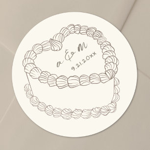 Sticker Rond Mariage Gâteau Vintage Dessiné à la Main