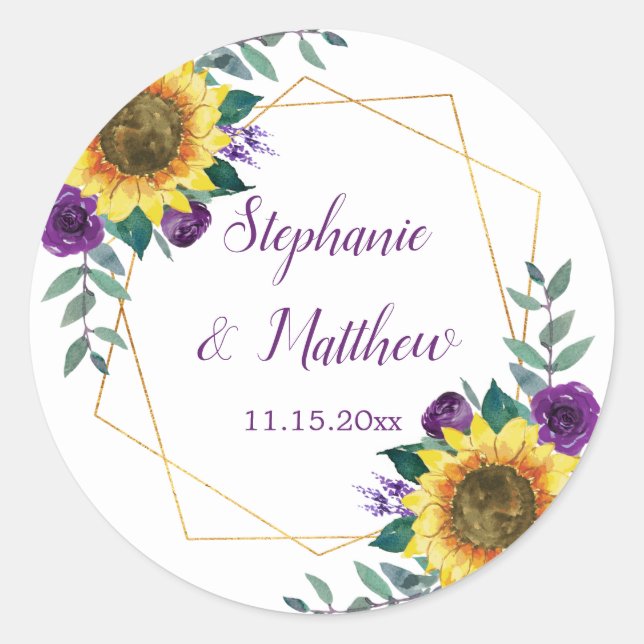 Sticker Rond Mariage géométrique de fleurs violettes de tournes (Devant)