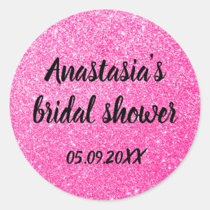 Sticker Rond Mariage Glamour Rose Chaud Paillettes Nom
