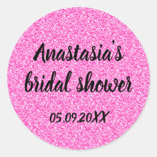 Sticker Rond Mariage Glamour Rose Chaud Paillettes Nom