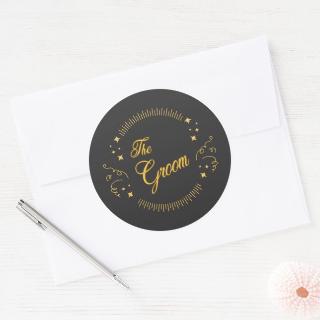 Sticker Rond Mariage Gold Groom Élégant Script Gold Noir (Enveloppe)