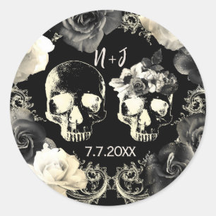 Sticker Rond Mariage gothique squelette crâne gris crème noir