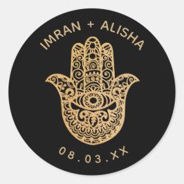 Sticker Rond Mariage indien Gold Black hamsa Henna