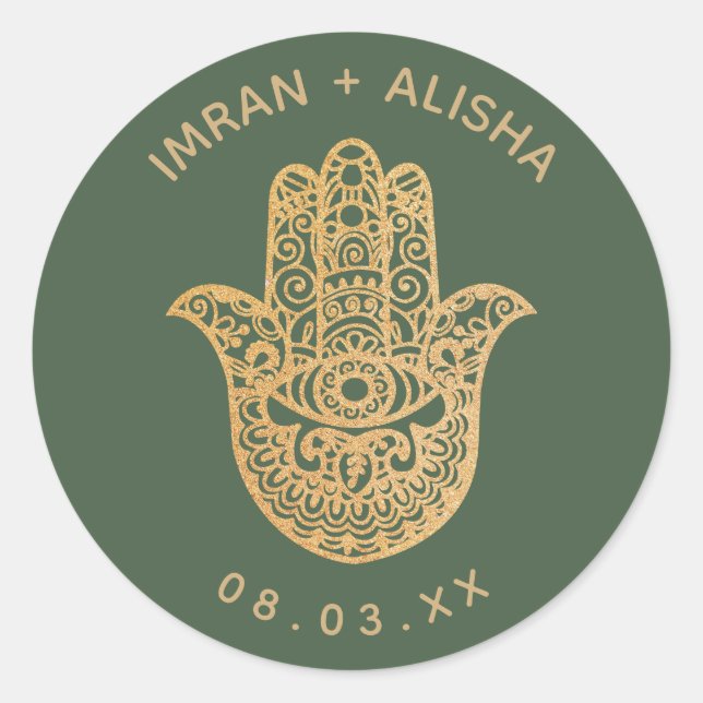 Sticker Rond Mariage indien Gold Bottle Green hamsa Henné (Devant)