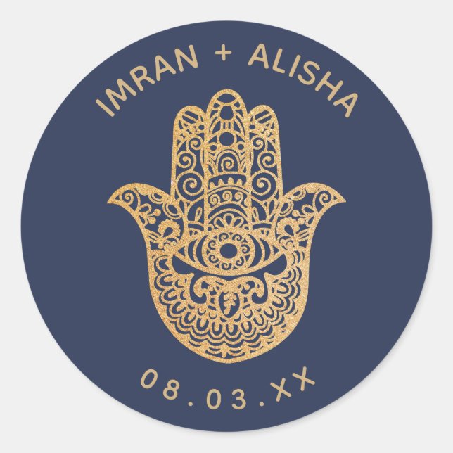 Sticker Rond Mariage indien Gold Navy Blue hamsa Henna (Devant)