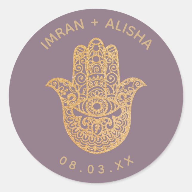 Sticker Rond Mariage indien Gold Violet hamsa Henna (Devant)
